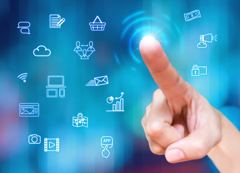 Finger,Touch,On,Screen,With,Digital,Marketing,Feature,Icon,At