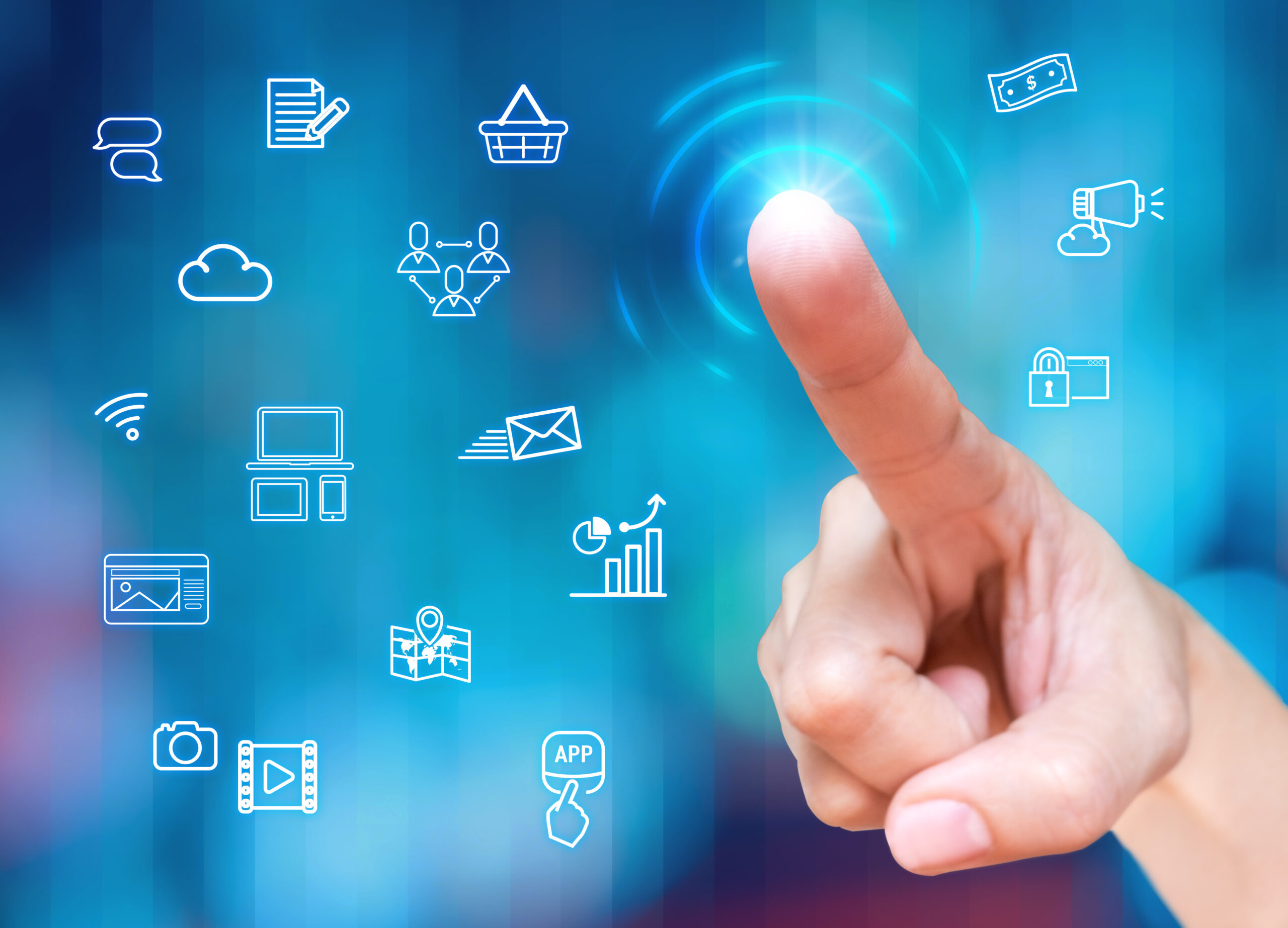 Finger,Touch,On,Screen,With,Digital,Marketing,Feature,Icon,At